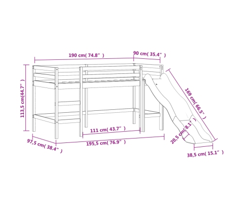 Cama alta de niños con tobogán madera maciza blanca 90x190 cm