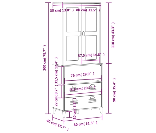 Aparador alto VIKEN madera maciza de pino blanco 80x40x200 cm