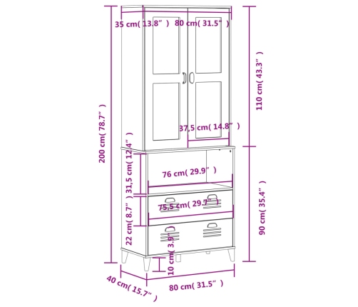 Aparador alto VIKEN madera maciza de pino negro 80x40x200 cm