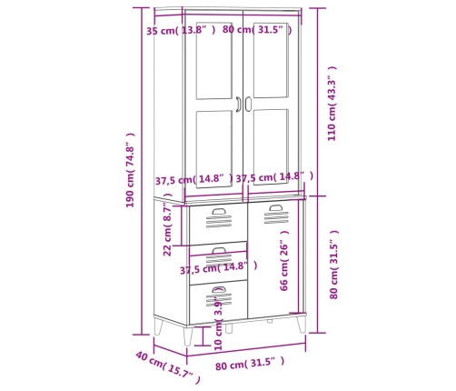 Aparador alto VIKEN madera maciza de pino blanco 80x40x190 cm