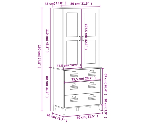 Aparador alto VIKEN madera maciza de pino blanco 80x40x190 cm