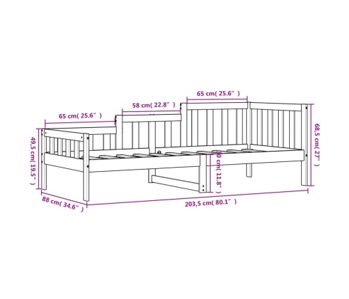 Sofá cama sin colchón madera maciza de pino negro 80x200 cm