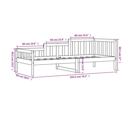 Sofá cama sin colchón madera maciza de pino negro 90x190 cm