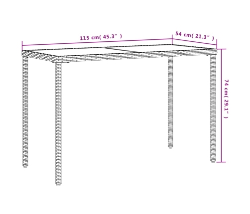 Mesa de jardín superficie de vidrio ratán PE negro 115x54x74 cm