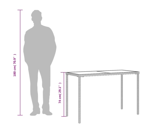 Mesa de jardín superficie vidrio ratán PE marrón 115x54x74 cm