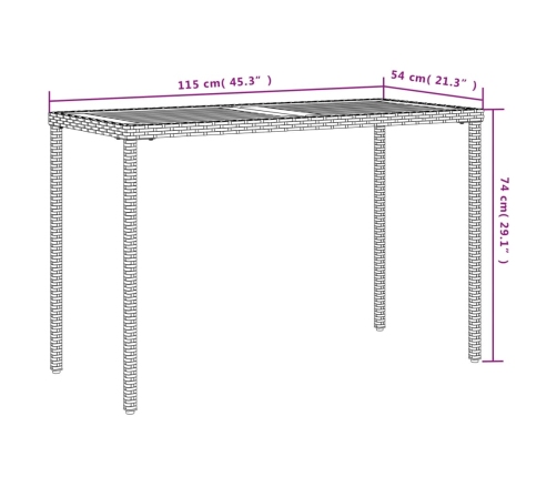 Mesa de jardín superficie de madera ratán PE gris 115x54x74 cm