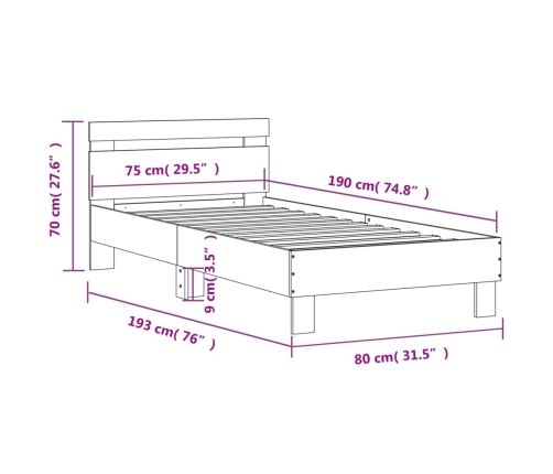 Cama con cabecero madera de ingeniería gris hormigón 75x190 cm