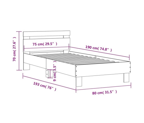 Cama con cabecero madera de ingeniería gris Sonoma 75x190 cm