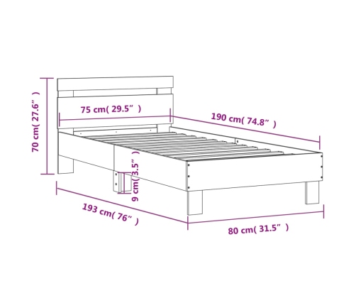 Estructura cama con cabecero sin colchón marrón roble 75x190 cm