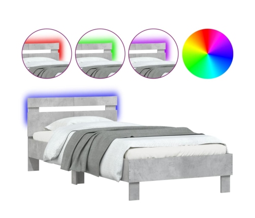 Estructura de cama cabecero luces LED gris hormigón 100x200 cm