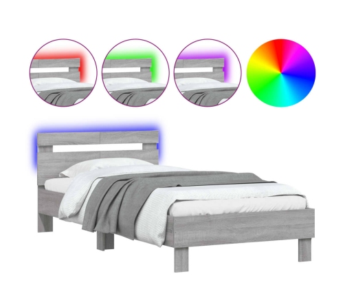 Estructura de cama cabecero luces LED gris Sonoma 100x200 cm