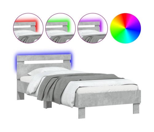 Estructura de cama cabecero luces LED gris hormigón 90x200 cm