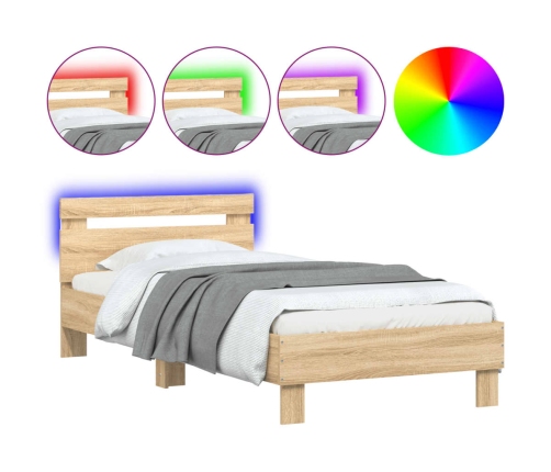 Estructura de cama cabecero luces LED roble Sonoma 90x190 cm