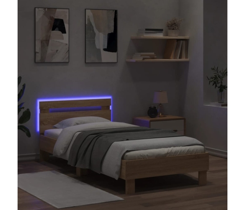 Estructura de cama cabecero luces LED roble Sonoma 90x190 cm