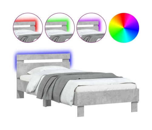 Estructura de cama cabecero luces LED gris hormigón 90x190 cm