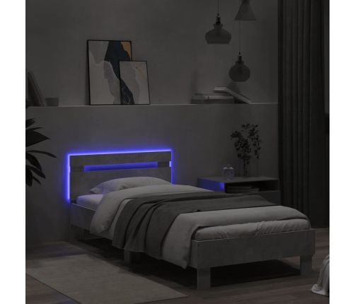 Estructura de cama cabecero luces LED gris hormigón 90x190 cm