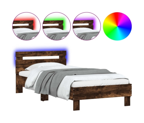 vidaXL Estructura de cama cabecero luces LED roble ahumado 90x190 cm