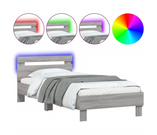 Estructura de cama cabecero luces LED gris Sonoma 90x190 cm