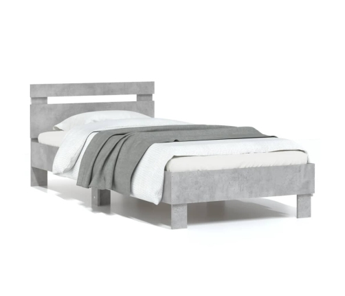 Estructura de cama cabecero luces LED gris hormigón 75x190 cm