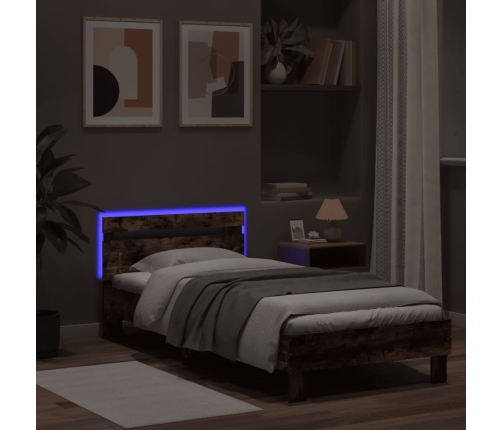 Estructura de cama cabecero luces LED roble ahumado 75x190 cm