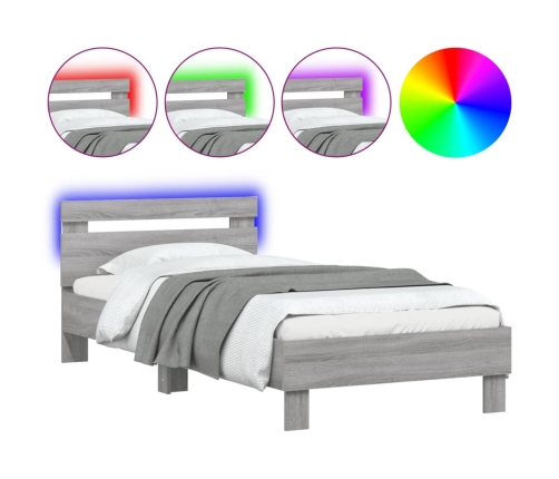 Estructura de cama cabecero luces LED gris Sonoma 75x190 cm