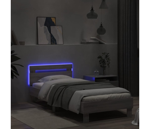 Estructura de cama cabecero luces LED gris Sonoma 75x190 cm