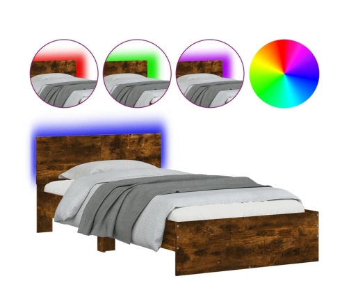 vidaXL Estructura de cama cabecero luces LED roble ahumado 100x200 cm