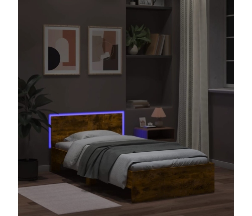 vidaXL Estructura de cama cabecero luces LED roble ahumado 100x200 cm