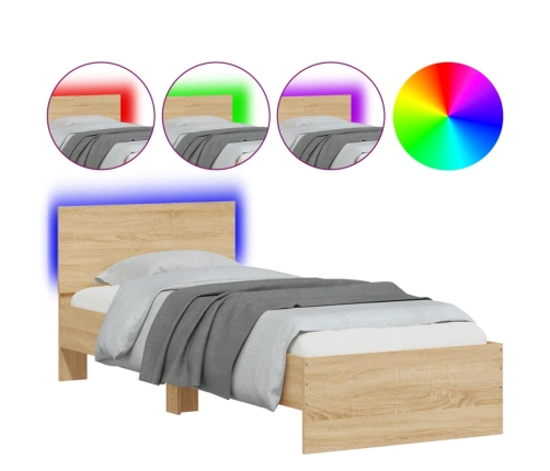 Estructura de cama cabecero luces LED roble Sonoma 90x200 cm