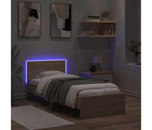 Estructura de cama cabecero luces LED roble Sonoma 90x200 cm