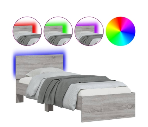 Estructura de cama cabecero luces LED gris Sonoma 90x200 cm