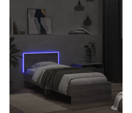 Estructura de cama cabecero luces LED gris Sonoma 90x200 cm