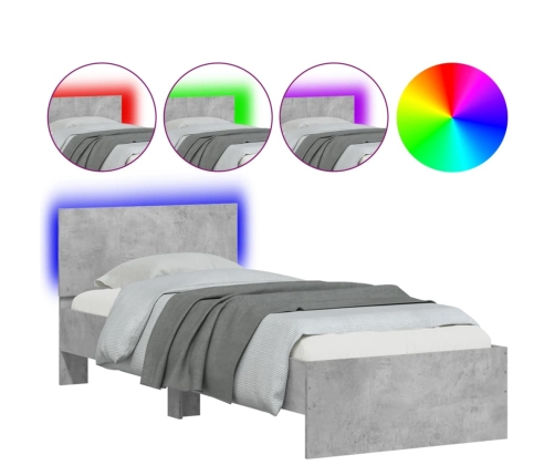 Estructura de cama cabecero luces LED gris hormigón 90x190 cm