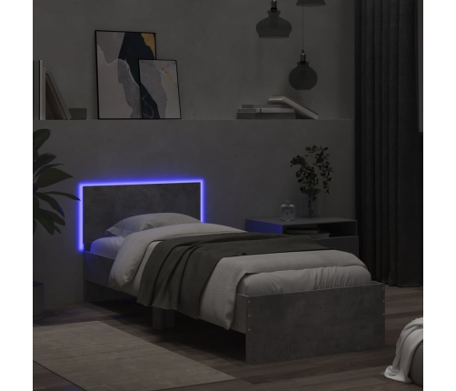 Estructura de cama cabecero luces LED gris hormigón 90x190 cm