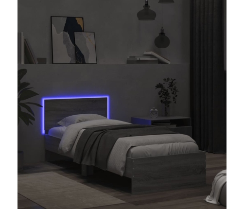 Estructura de cama cabecero luces LED gris Sonoma 90x190 cm