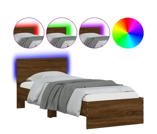 Estructura de cama cabecero luces LED marrón roble 90x190 cm