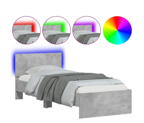 Estructura de cama cabecero luces LED gris hormigón 75x190 cm