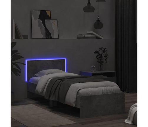 Estructura de cama cabecero luces LED gris hormigón 75x190 cm