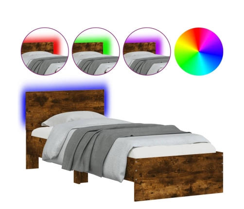 Estructura de cama cabecero luces LED roble ahumado 75x190 cm