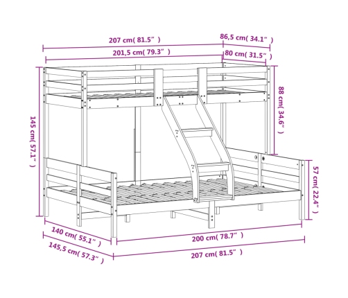 vidaXL Litera de madera maciza de pino blanco 80x200/140x200 cm