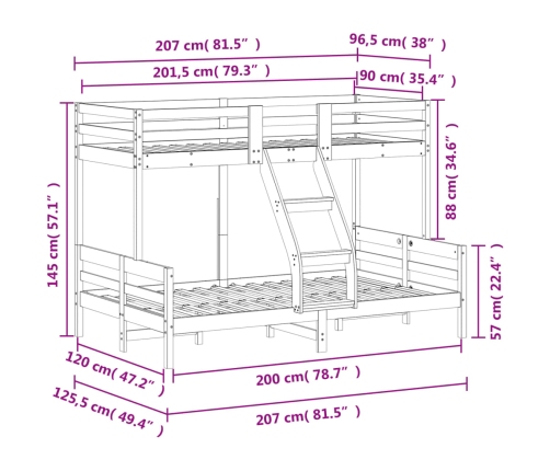 Litera de madera maciza de pino 90x200/120x200 cm