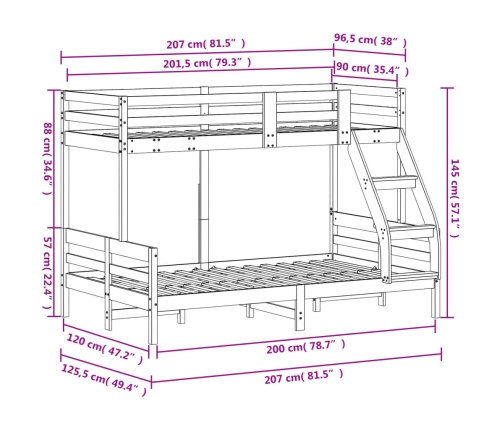 vidaXL Litera de madera maciza de pino 90x200/120x200 cm