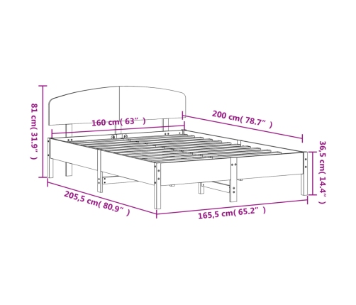 Cama sin colchón madera maciza de pino marrón cera 160x200 cm