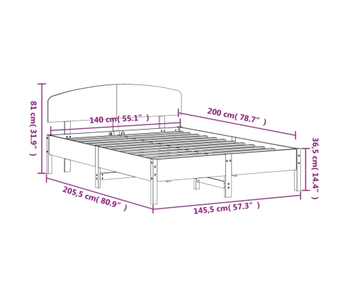 Cama sin colchón madera maciza de pino marrón cera 140x200 cm