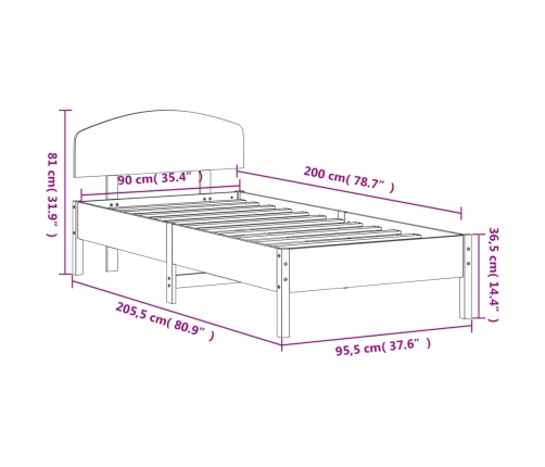 Estructura de cama sin colchón madera maciza de pino 90x200 cm