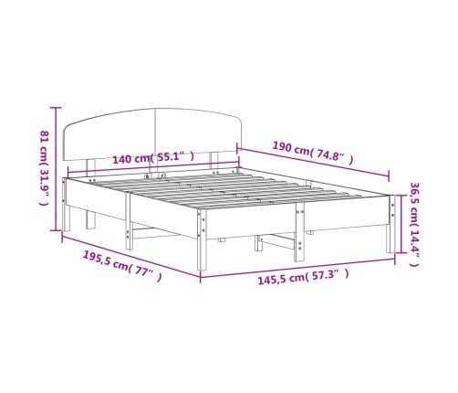 Cama sin colchón madera maciza de pino marrón cera 140x190 cm