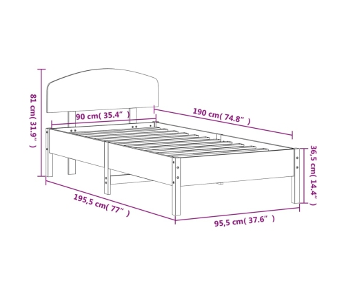 Estructura de cama sin colchón madera maciza de pino 90x190 cm