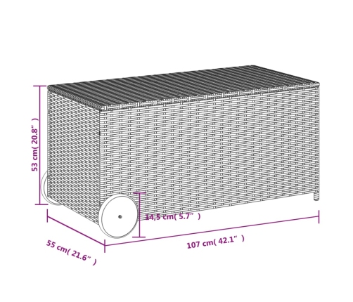 Caja de almacenaje jardín con ruedas ratán sintético gris 190L