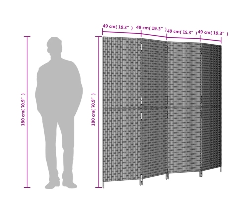 Biombo de 4 paneles ratán sintético gris