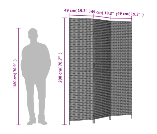 Biombo de 3 paneles ratán sintético marrón